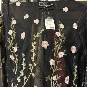Polly & Esther Sheer Black Top with Pink Floral Embroidery